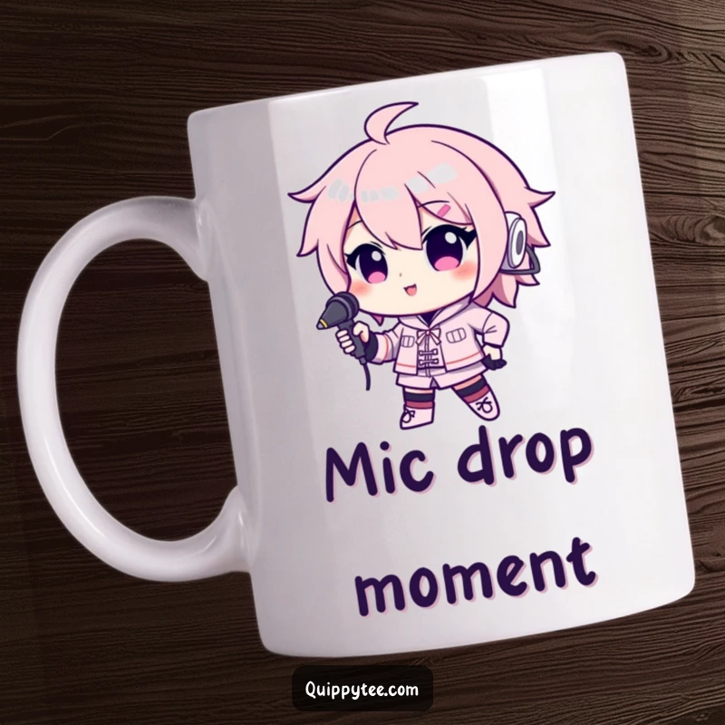 Funny mug featuring a kawaii character posing confidently with a microphone, radiating stage presence and musical charisma.