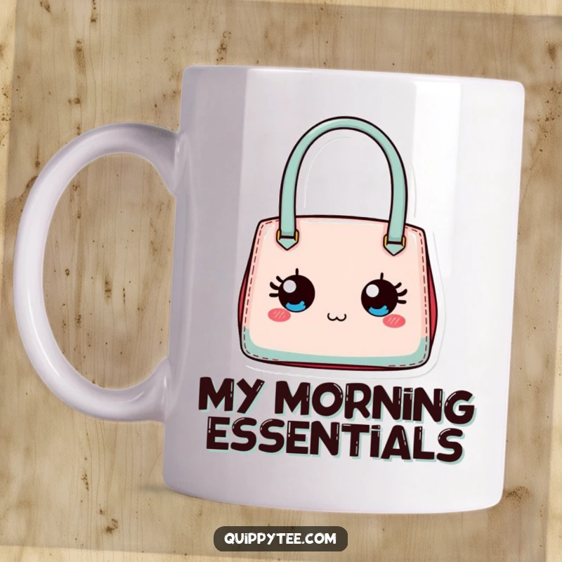 Funny mug featuring a tiny designer handbag with expressive eyes, looking chic and playful.
