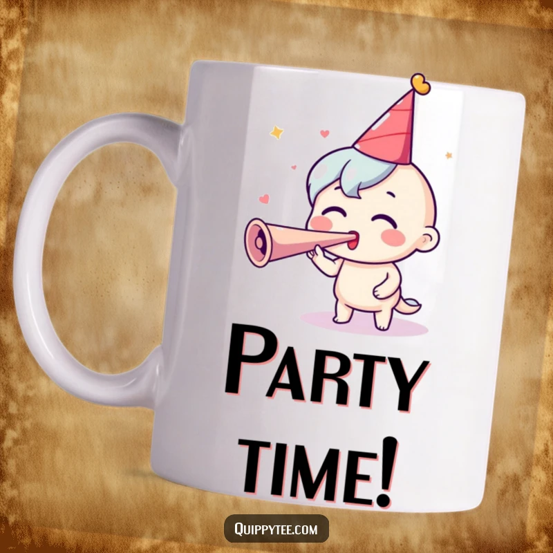 Funny Party Mug: A character in a party hat excitedly blows a party horn, embodying pure celebration.