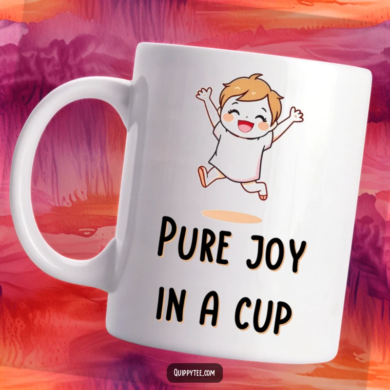 Funny fabric swatch character mid-air, leaping with pure joy and excitement, celebrating creativity on a fun mug.
