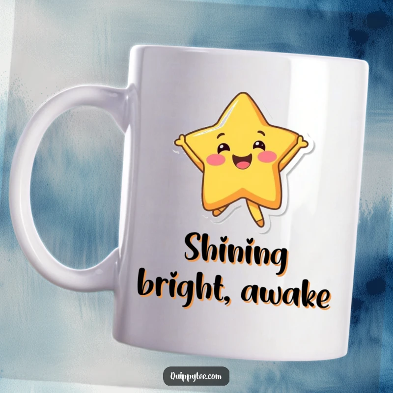 Funny Mug: A smiling star character joyfully jumping with arms outstretched, radiating pure happiness and positive energy.