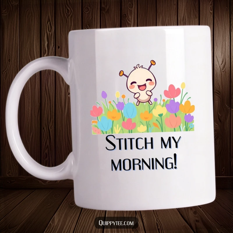 Funny needle character with a big laugh, playfully poking through a vibrant, colorful sewing patch on a mug.