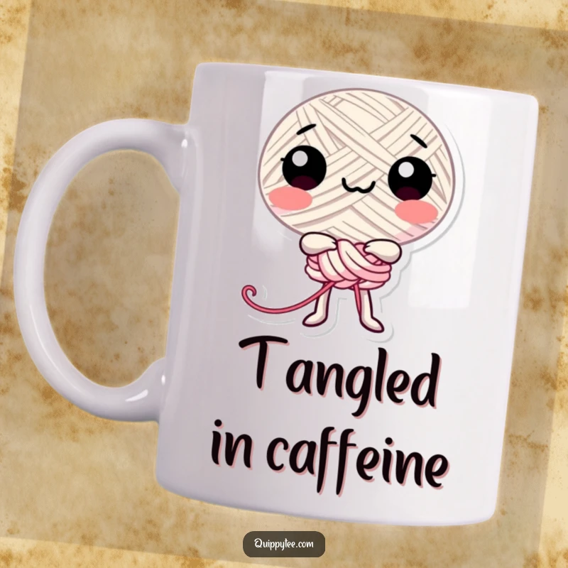 Funny happy thread character playfully tying itself into a knot, showcasing joy and entanglement on this mug.