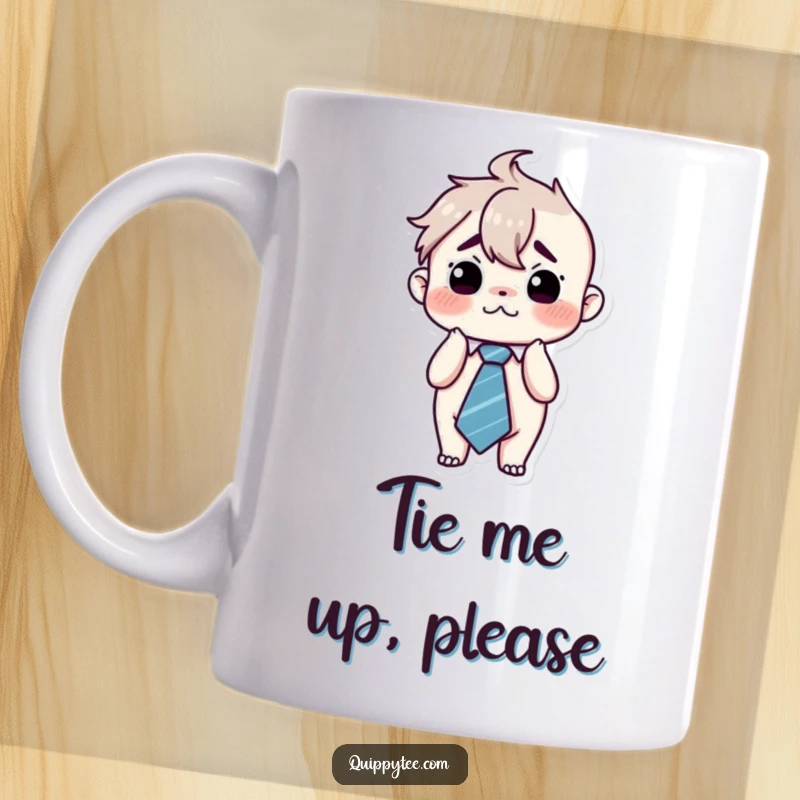 Funny kawaii character looking stressed and flustered, wearing a tie that is far too big for them, evoking relatable humor.