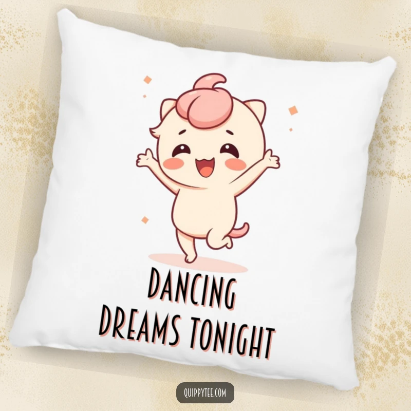 Funny pillow featuring a cute kawaii character dancing energetically, perfect for adding comfort and a touch of amusement.