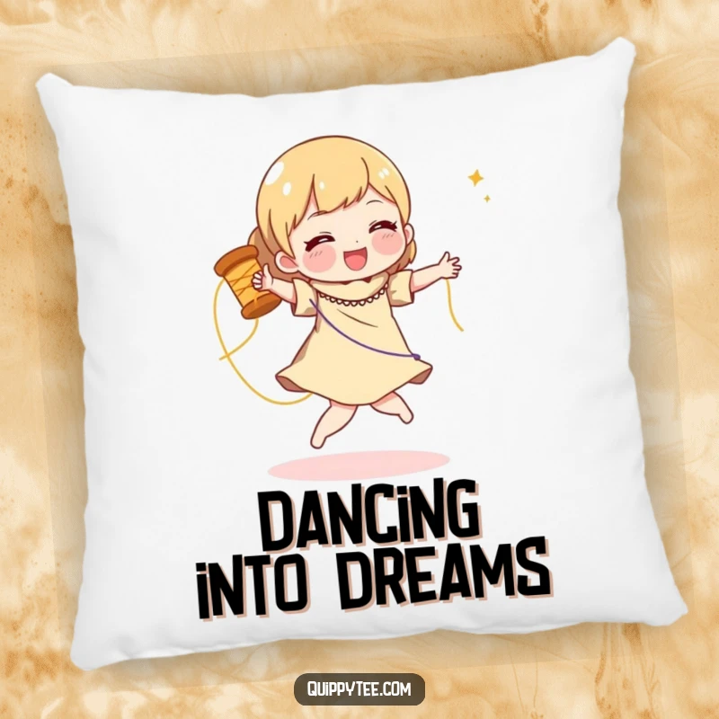 Funny pillow with a character doing a joyful dance with a spool of shimmering thread, offering cozy and humorous decor.
