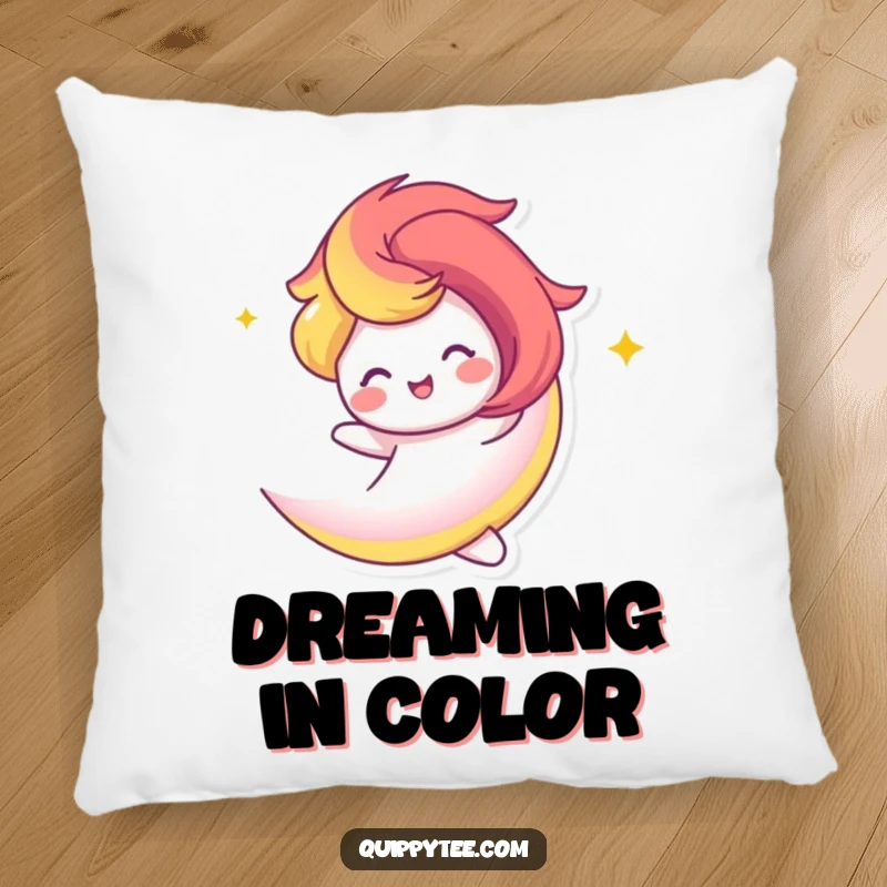 Funny Pillow: A vibrant rainbow swirl character twirling happily, offering comfort and cheerful vibes.