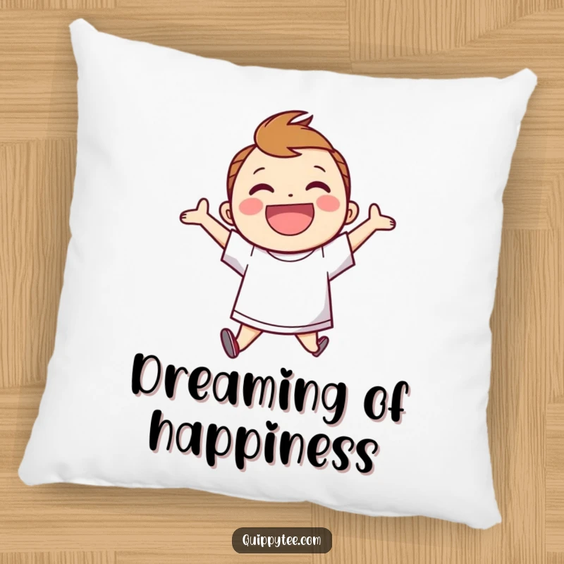 Funny Pillow: Smiling character in a speech bubble shirt, jumping for joy, providing comfort and a cheerful touch.