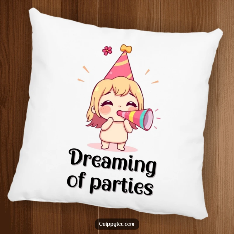 Funny Pillow featuring an excited character in a party hat, blowing a party horn to add a festive touch to any room.