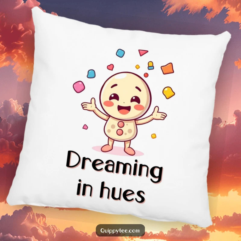 Funny pillow featuring a smiling button character juggling colorful shapes, offering plush comfort and a vibrant, cheerful design.