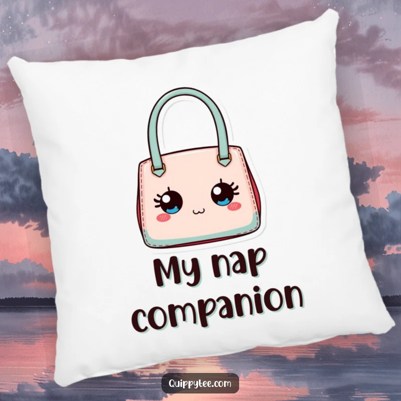 Funny pillow with a tiny designer handbag with expressive eyes, bringing chic charm indoors.