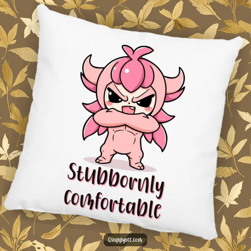 Funny pillow featuring a cute Kawaii character in a defiant pose with crossed arms, exuding lovable stubbornness.