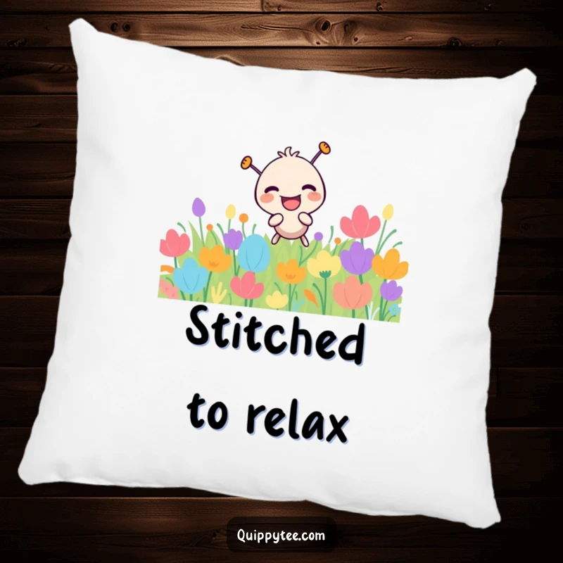 Funny needle character laughing, playfully piercing a soft patch, printed on a comfortable decorative pillow.