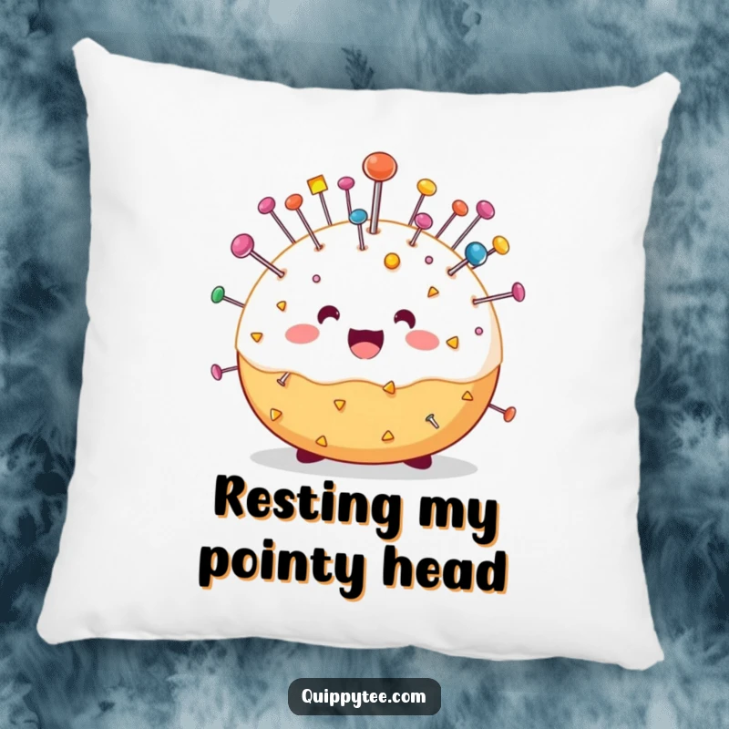 Funny pillow with a happy pin cushion character bristling with pins, offering comfort and a humorous accent for home or craft room decor.