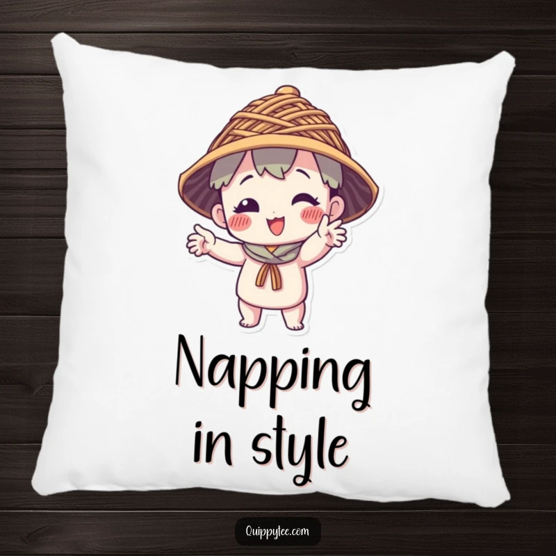 Funny Pillow: A comfortable cushion featuring a character in a funny pose, adorned with a distinctive hat made of interwoven threads.