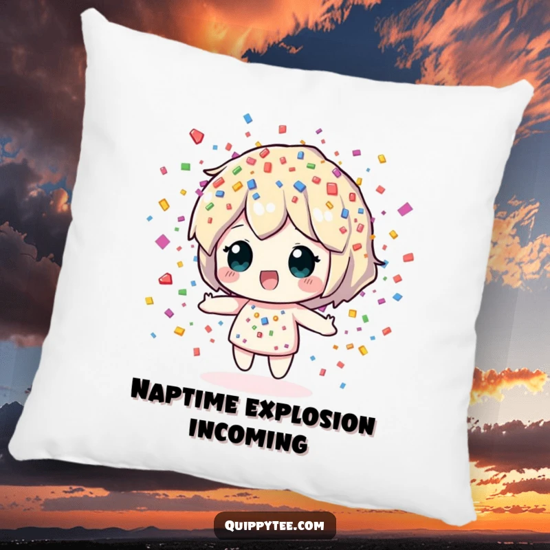 Funny Pillow: A cheerful confetti sprite character showering colorful pieces, providing comfort and a vibrant touch to any room.