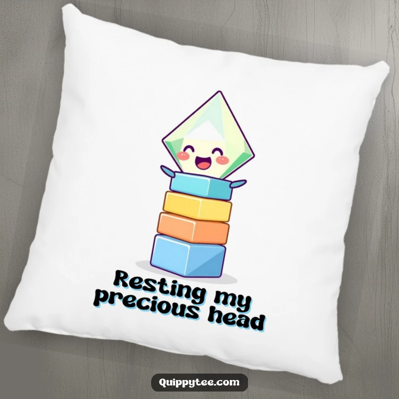 Funny pillow featuring a laughing diamond character absorbed in stacking vibrant blocks, offering plush comfort and visual humor.