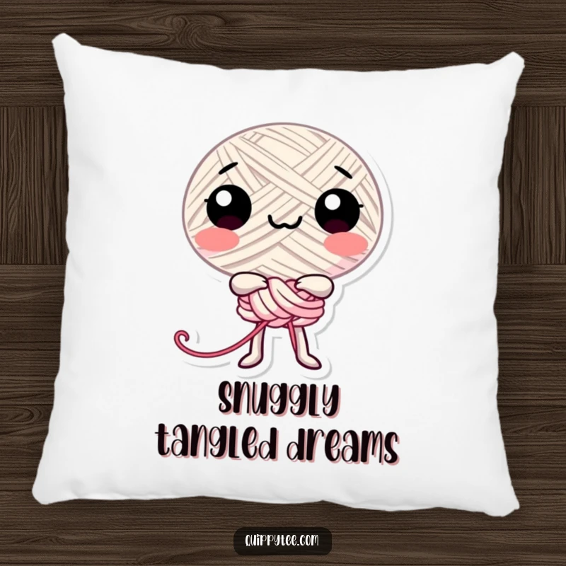 Funny happy thread character playfully tied in a knot, offering comfort and cheerful humor on this decorative pillow.