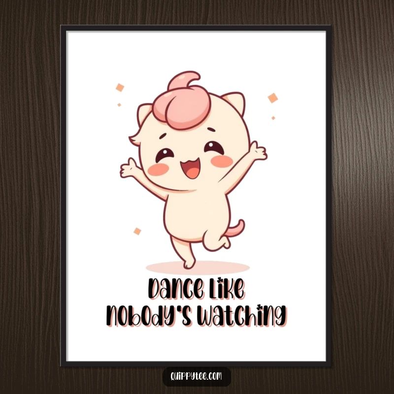 Funny digital art print of a cute kawaii character dancing energetically with an amused expression, perfect for party decor.