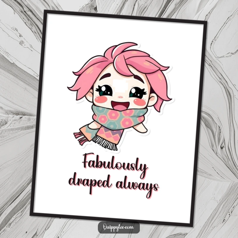 Funny Digital Art Print: A smiling character beams, showcasing a brilliantly flamboyant and patterned scarf in high-resolution art.