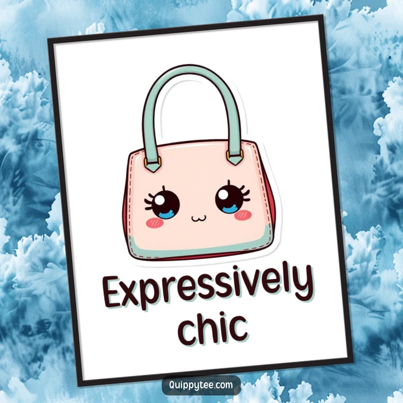 Funny digital art print of a tiny designer handbag with expressive eyes, adding a chic touch to any space.