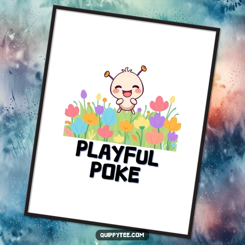 Funny laughing needle character playfully poking a colorful patch, as a humorous digital art print.