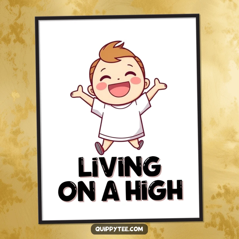 Funny Digital Art Print: Smiling character in a speech bubble shirt, jumping for joy, ready to bring cheer to any digital display.