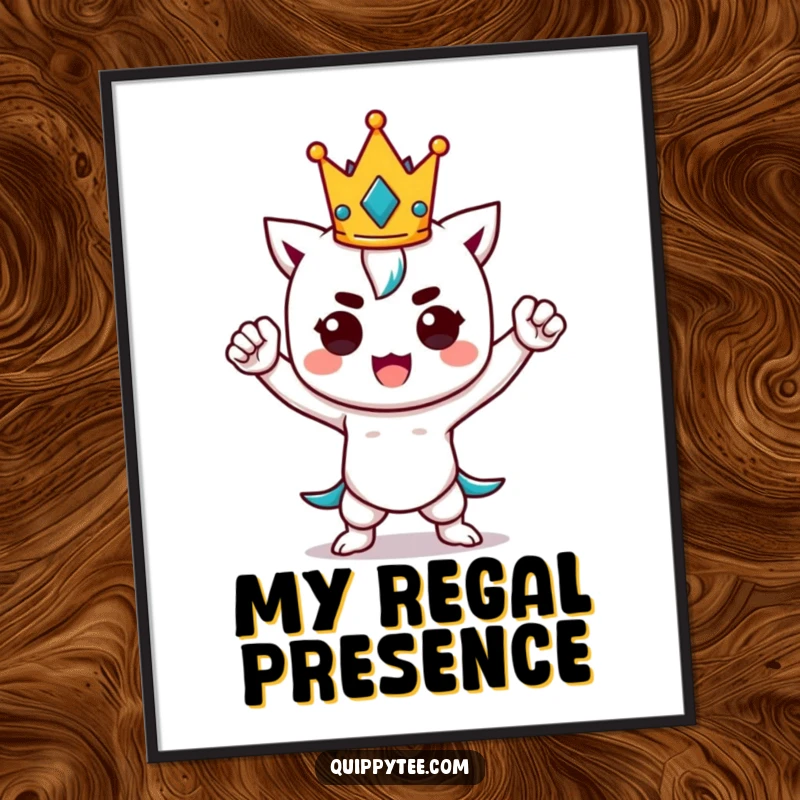Funny kawaii character in a regal power pose, complete with a tiny crown, perfect for instant wall art and humor.