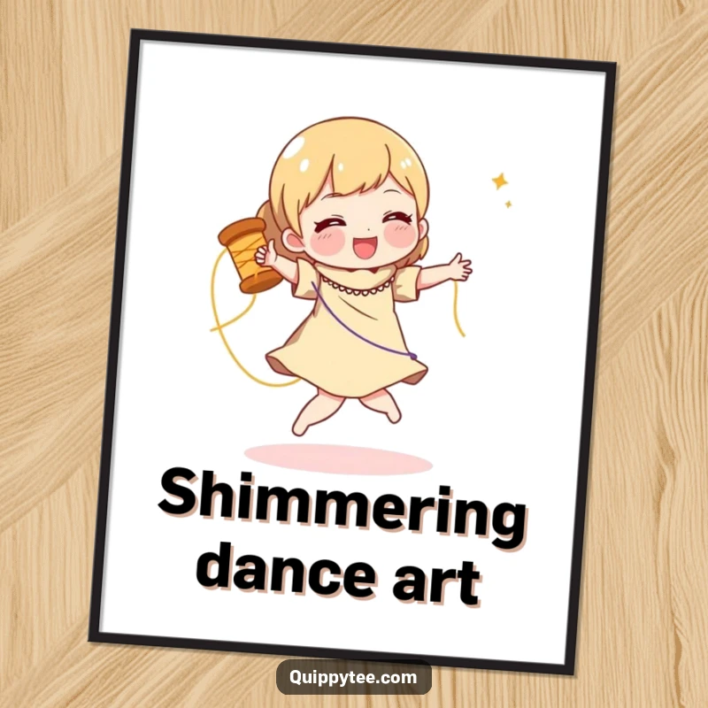 Funny digital art of a character doing a joyful dance with a spool of shimmering thread, capturing a moment of creative expression.