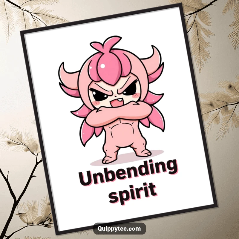 Funny digital art print of a cute Kawaii character with arms crossed, displaying a defiant and adorable attitude for wall decor.