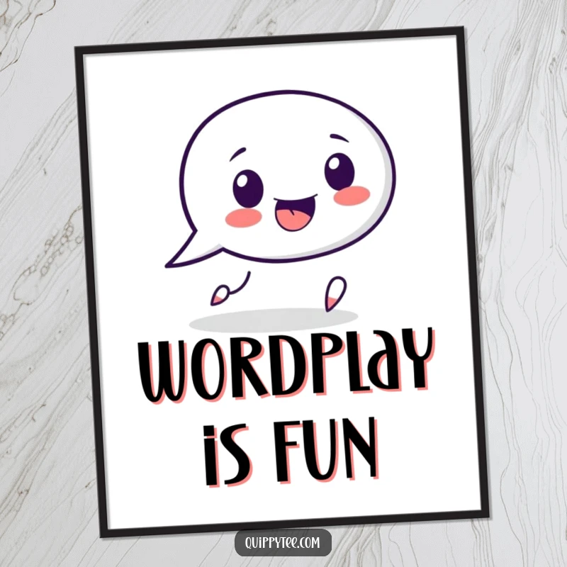 Funny speech bubble character digital art print, playfully chasing a punctuation mark, high-resolution, instant download.