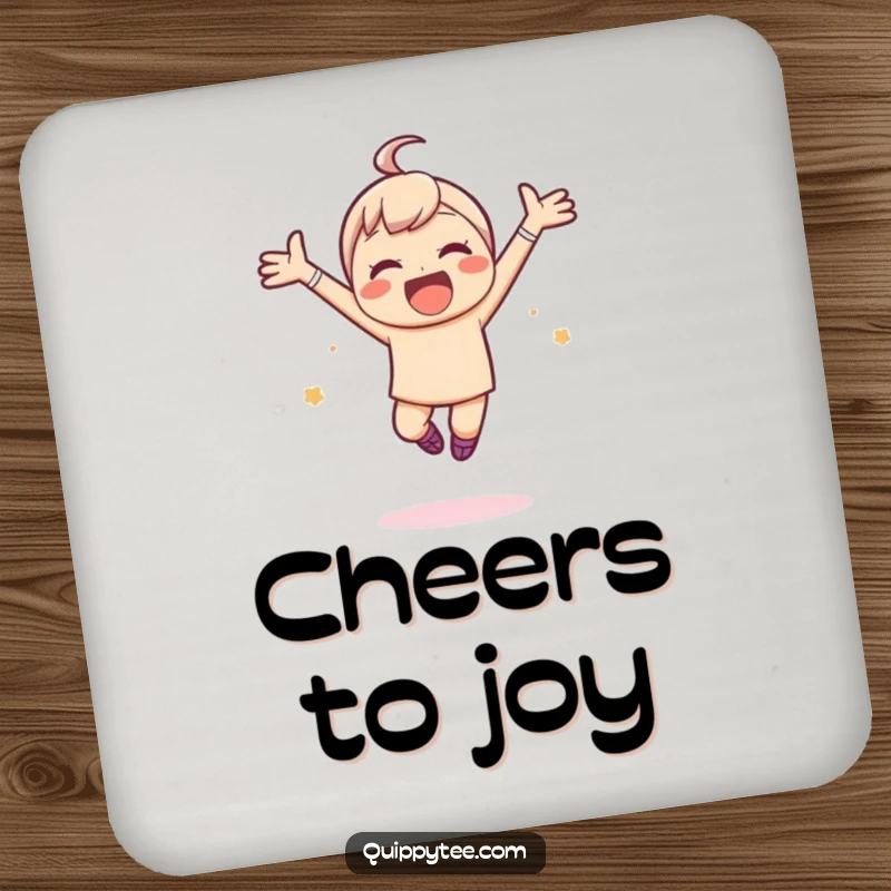 Funny drink coasters featuring a kawaii character leaping joyfully with arms spread wide, bringing a sense of elation to drinks.