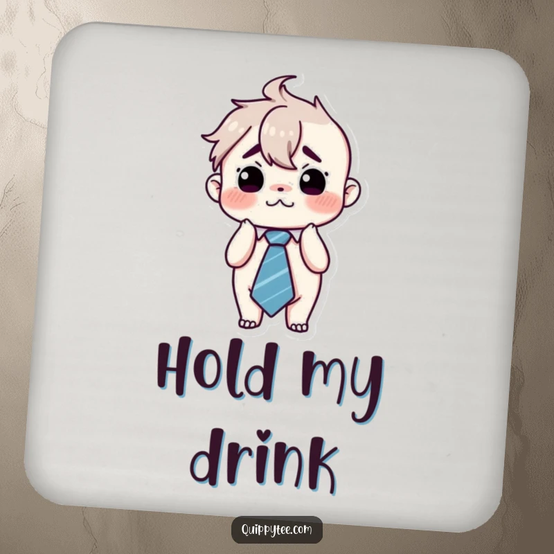 Funny kawaii character looking flustered and wearing an oversized tie, ideal for a coaster that adds a touch of humorous stress relief.