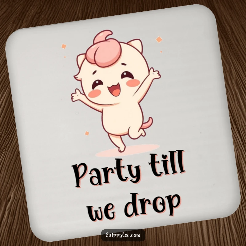 Funny drink coaster with a cute kawaii character dancing energetically, perfect for adding a fun vibe to any table.