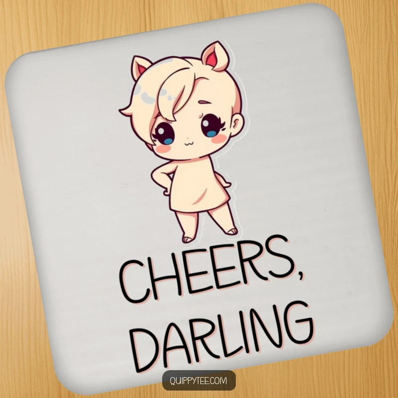 Funny drink coaster with a cute Kawaii character in a sassy pose with one hand on hip, adding adorable attitude and protection.