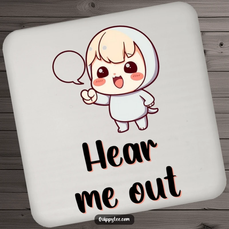 Funny drink coasters featuring a kawaii character pointing towards a speech bubble, adding a humorous and communicative element to drinks.