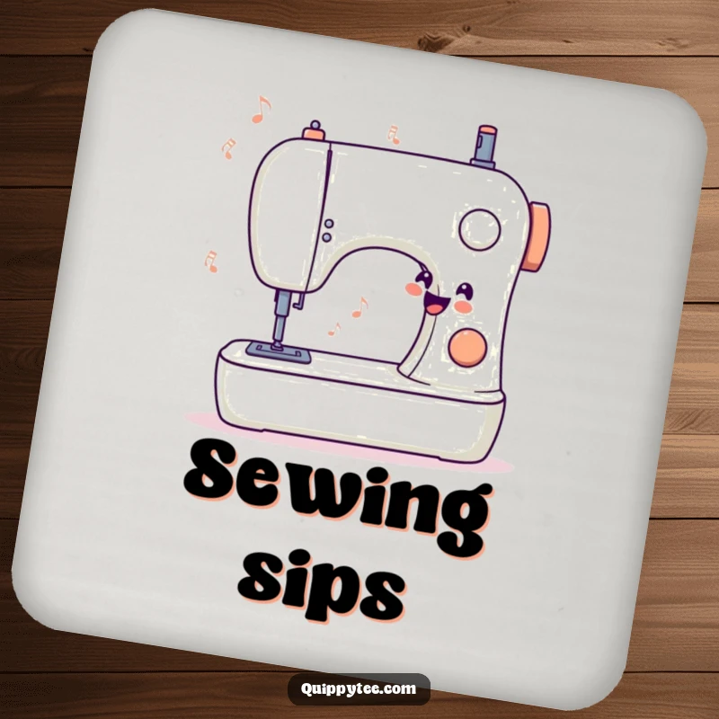 Funny drink coaster featuring a stylized sewing machine humming a happy tune, offering surface protection with a musical and creative flair.