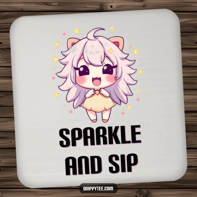 Funny drink coasters featuring a sparkle dust character bursting with excitement, offering dazzling surface protection.