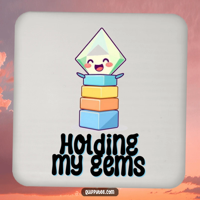 Funny coaster set featuring a giggling diamond character stacking colorful blocks, providing stylish and humorous protection for drinks.