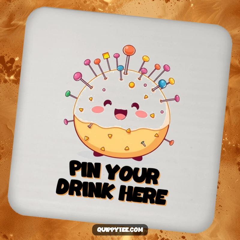 Funny drink coasters featuring a cheerful pin cushion character bristling with pins, offering surface protection with a humorous and charming design.