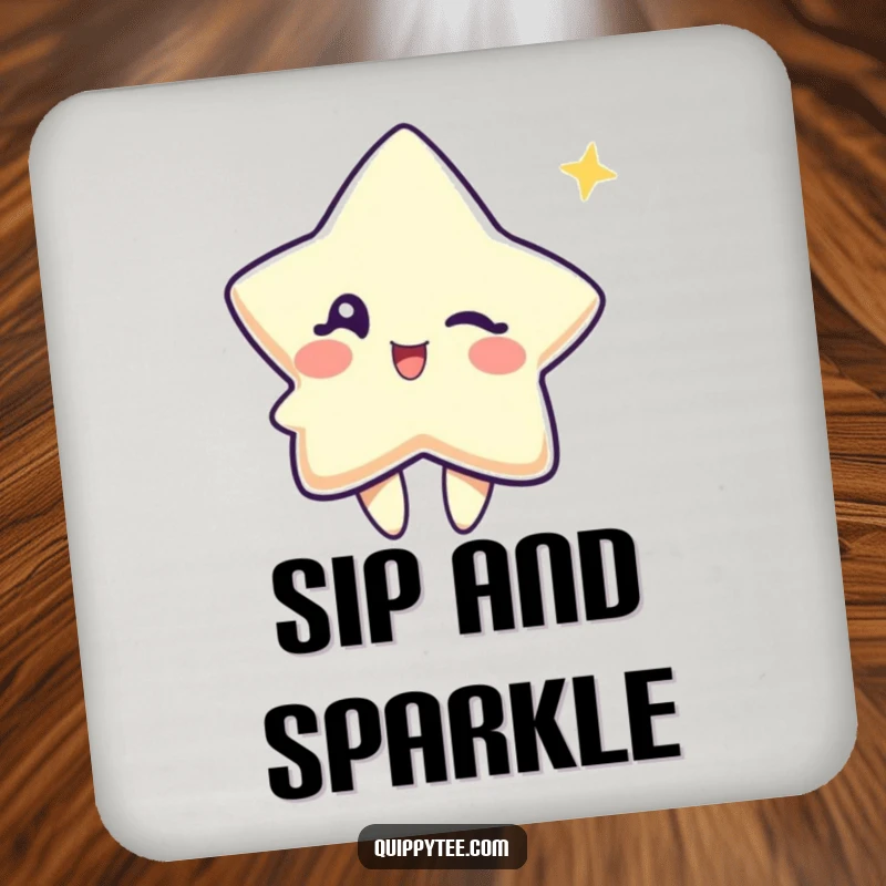 Funny drink coaster featuring a cute star character winking playfully, perfect for adding a touch of cosmic humor.