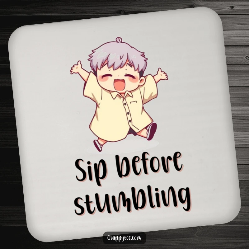 Funny drink coaster with a cute kawaii character comically tripping while wearing a giant shirt, adding charm and humor to any table.