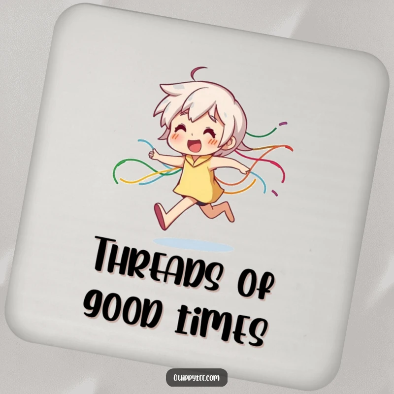 Funny Coaster: A character joyfully runs, leaving a trail of colorful threads, adding playful protection to your surfaces.