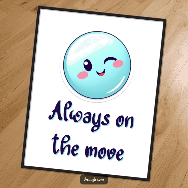 Funny winking button character energetically zipping across a seam, creating dynamic and humorous wall art on a poster.