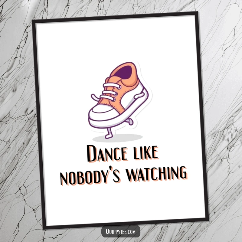 Funny poster print of a tiny shoe character doing a silly dance, ideal for adding whimsical energy and humor.