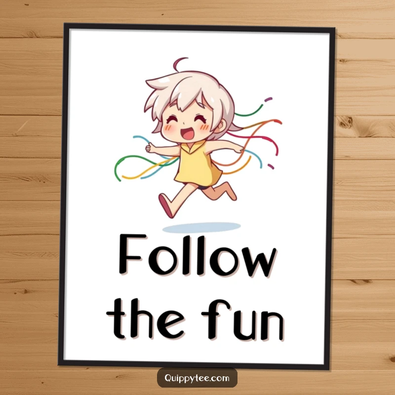 Funny Poster: A character happily runs, creating a lively and colorful trail of dangling threads, perfect for dynamic wall art.