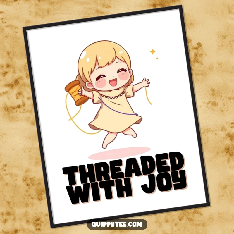 Funny poster art of a character doing a joyful dance with a spool of shimmering thread, celebrating creativity and movement.