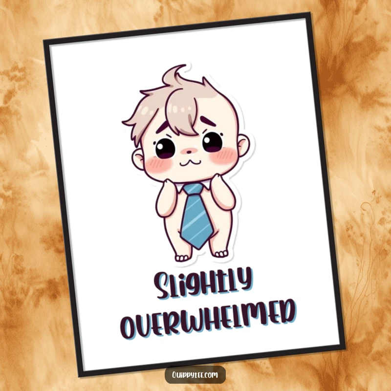 Funny kawaii character looking flustered and stressed, wearing an oversized tie, bringing relatable humor and charm to wall art.