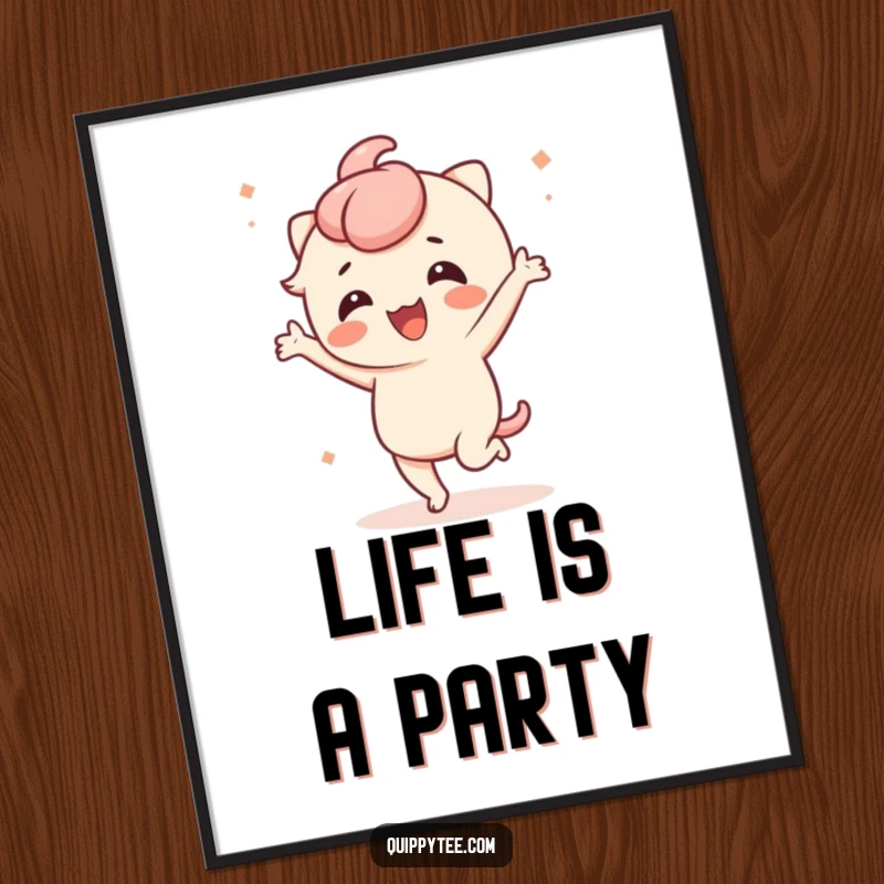 Funny poster print of a cute kawaii character dancing energetically with an amused expression, perfect for adding fun decor.