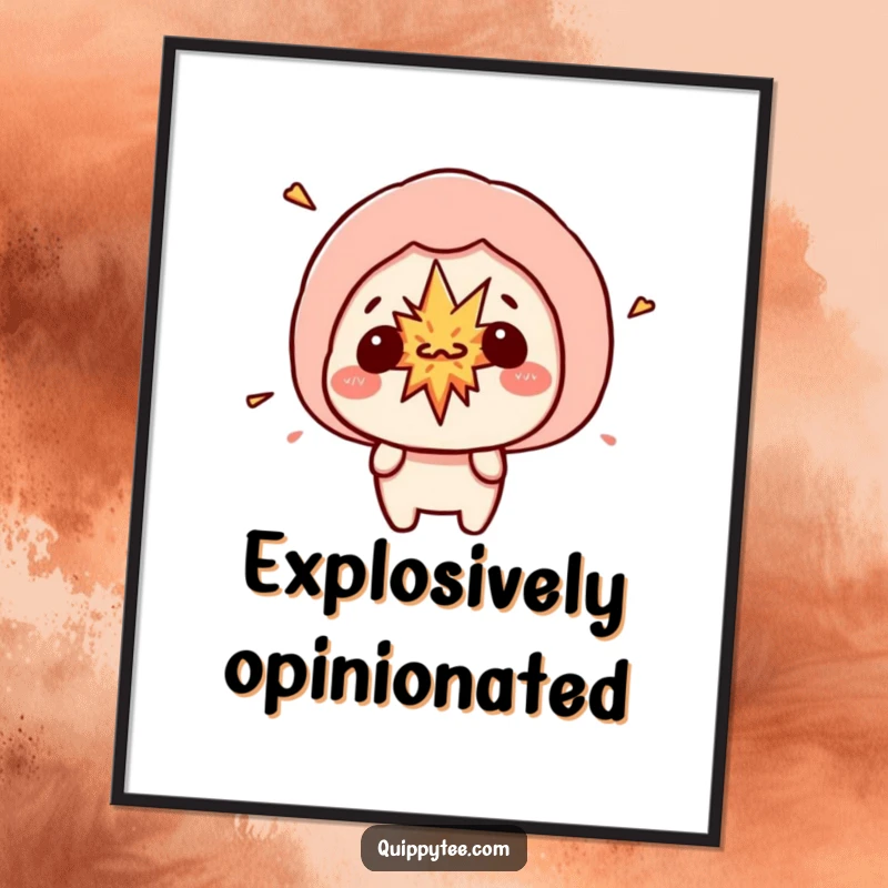 Funny kawaii character with a speech bubble containing a small, whimsical explosion, adding a dynamic and humorous touch to wall art.